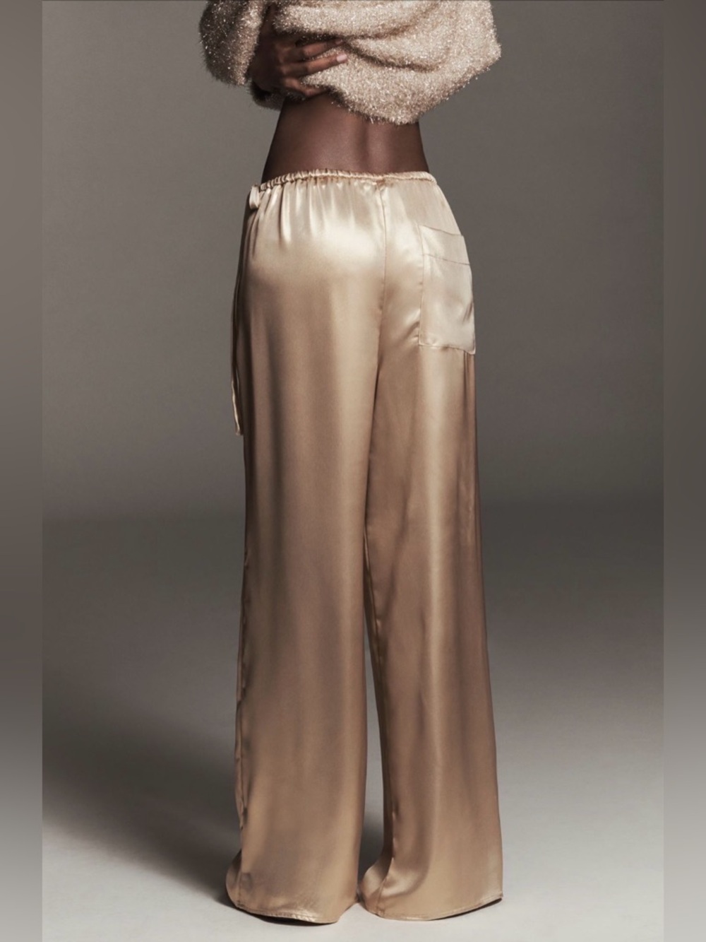 Anthropologie Luxe Satin Wide Leg Champagne Tie Waist - Picture 3 of 6